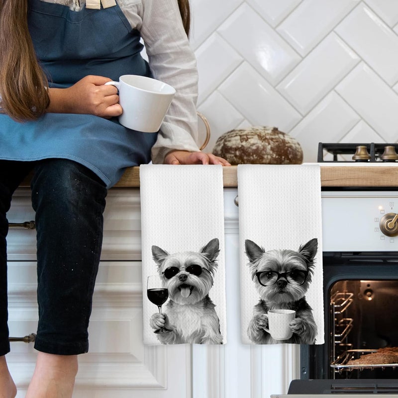Mcehtle Funny Yorkshire Terrier Kitchen Towels Set of 2, Funny Dog Kitchen Accessories, Coffee Wine Station Decor, Chef Gift Hand Towel, Dining Room Decorative Tea Towel Dish Towels 16x24 Inch - Image 3